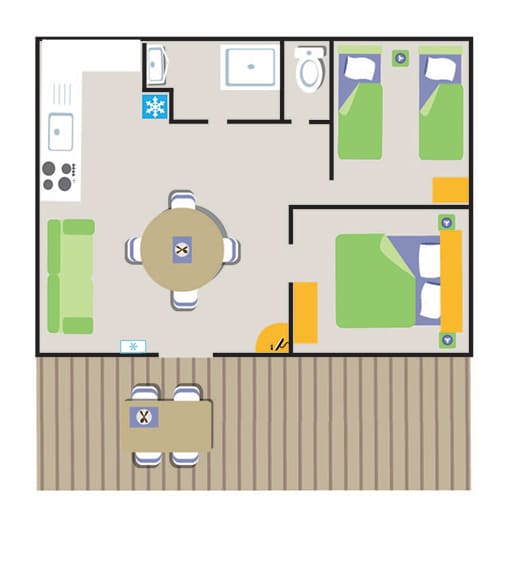 Indeling van 4-persoons chalet Comfort. Chalet accommodaties in de Var op 4-sterren camping Le Parc.