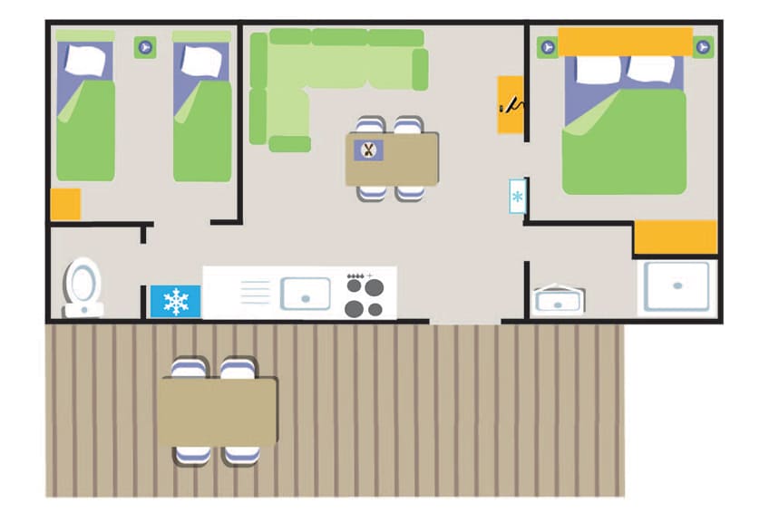 Indeling van 4-persoons mobile home Comfort met airconditioning. Vakantieaccommodatie op camping Le Parc in de Var