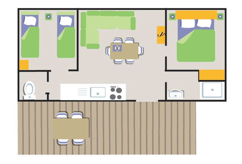 Ferienvermietung im Departement Var auf dem Campingplatz le Parc. Grundriss des Komfort-Wohnmobils für 4 Personen ohne Klimaanlage