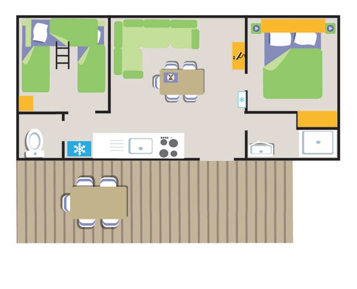 Indeling van 5-persoons mobile home Comfort. Accommodatie op camping Le Parc in de Fayence streek.