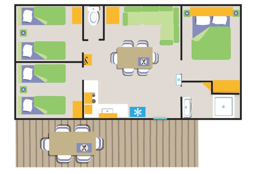 Mobile homes in het achterland van Fréjus. Indeling van 6-persoons mobile home Comfort.